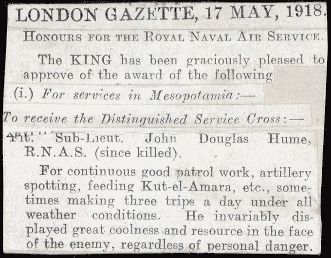Notice of the posthumous DSC awarded to John Douglas Hume, cut from the London Gazette, 17 May 1918. National Records of Scotland reference: GD486/194/3